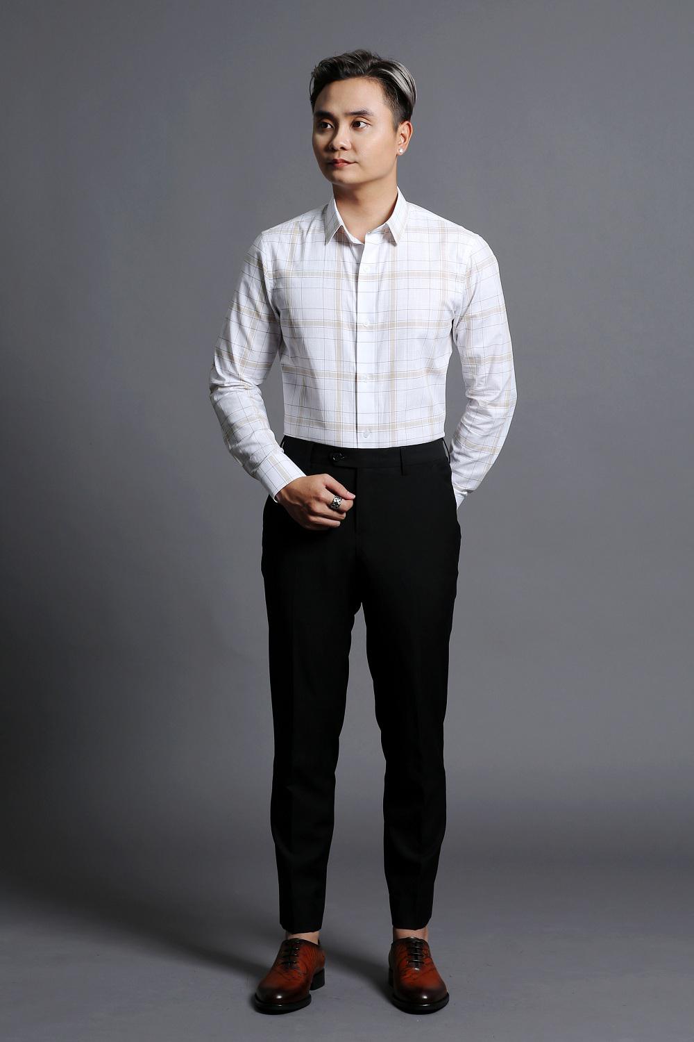 Áo Sơ Mi Nam Trắng Caro Vàng bản vuông