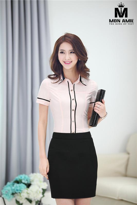 Sơ Mi Nữ Hồng Ngắn Tay Phối Cổ Và Nút