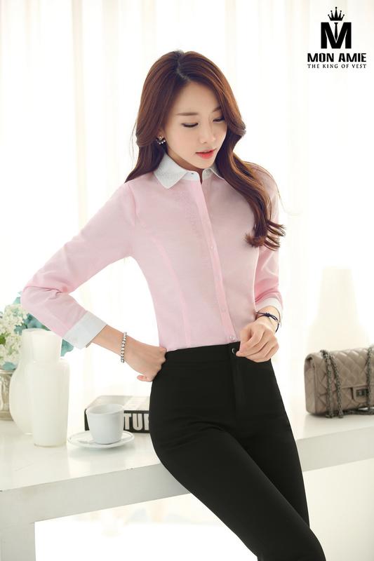 Sơ Mi Nữ Hồng Dài Tay Phối Duyên Dáng