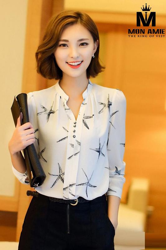Sơ Mi Nữ Trắng Vải Mát Phối Họa Tiết Ngôi Sao