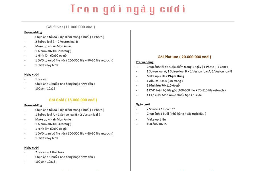 Bảng giá trọn gói ngày cưới