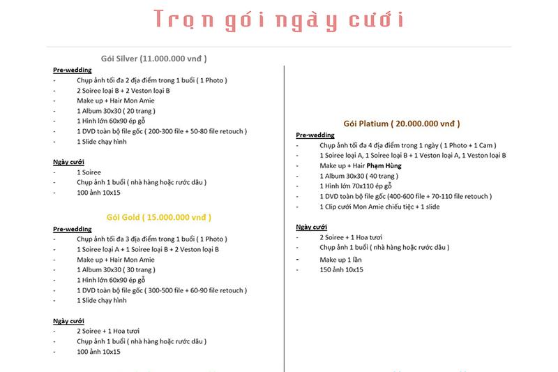 Bảng giá trọn gói ngày cưới